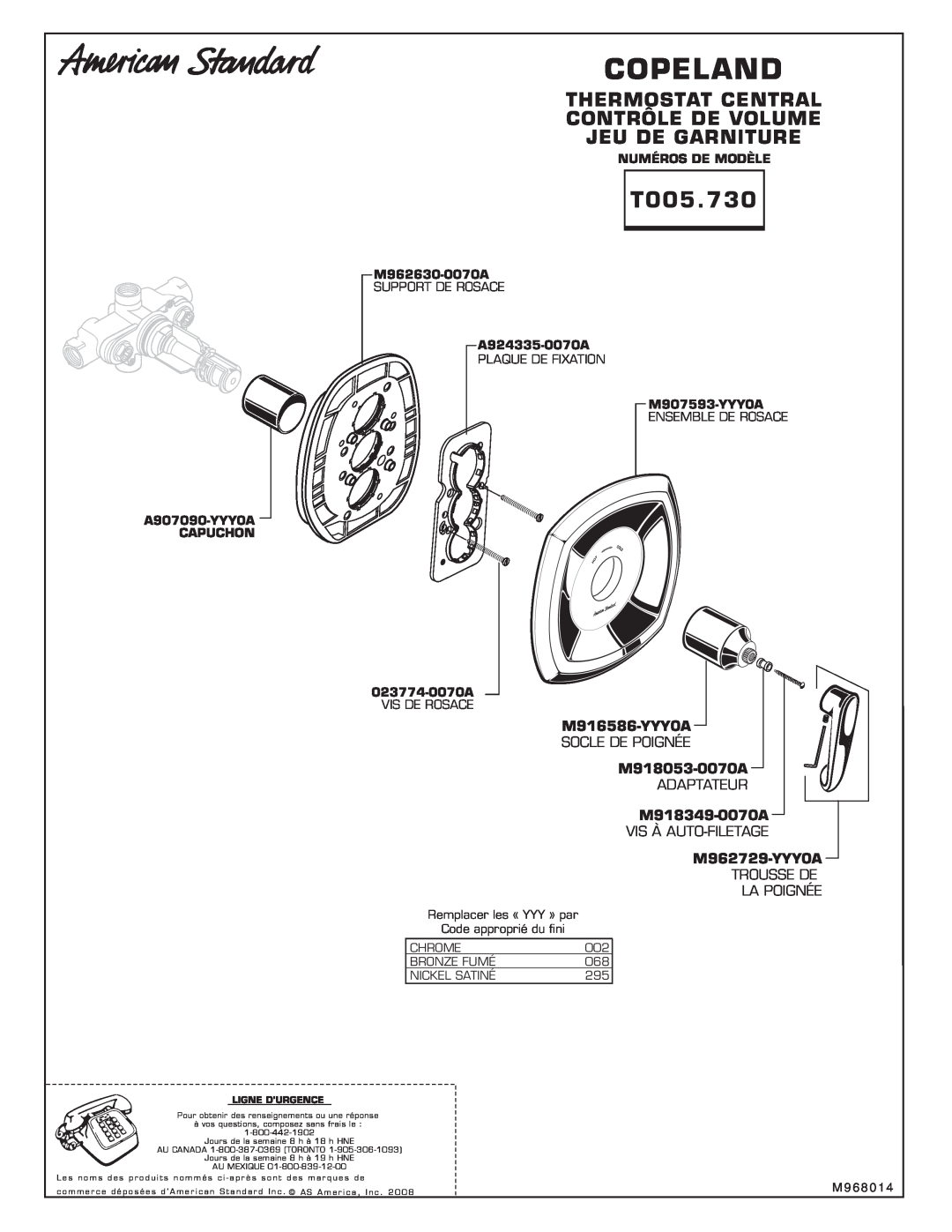 American Standard T005.730 Thermostat Central Contrôle De Volume Jeu De Garniture, Copeland, M916586-YYY0A, M918053-0070A 