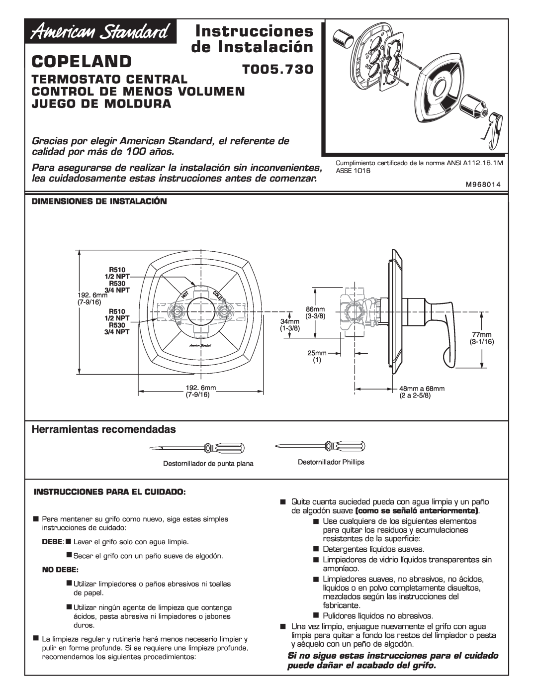 American Standard installation instructions Instrucciones de Instalación COPELANDT005.730, Herramientas recomendadas 