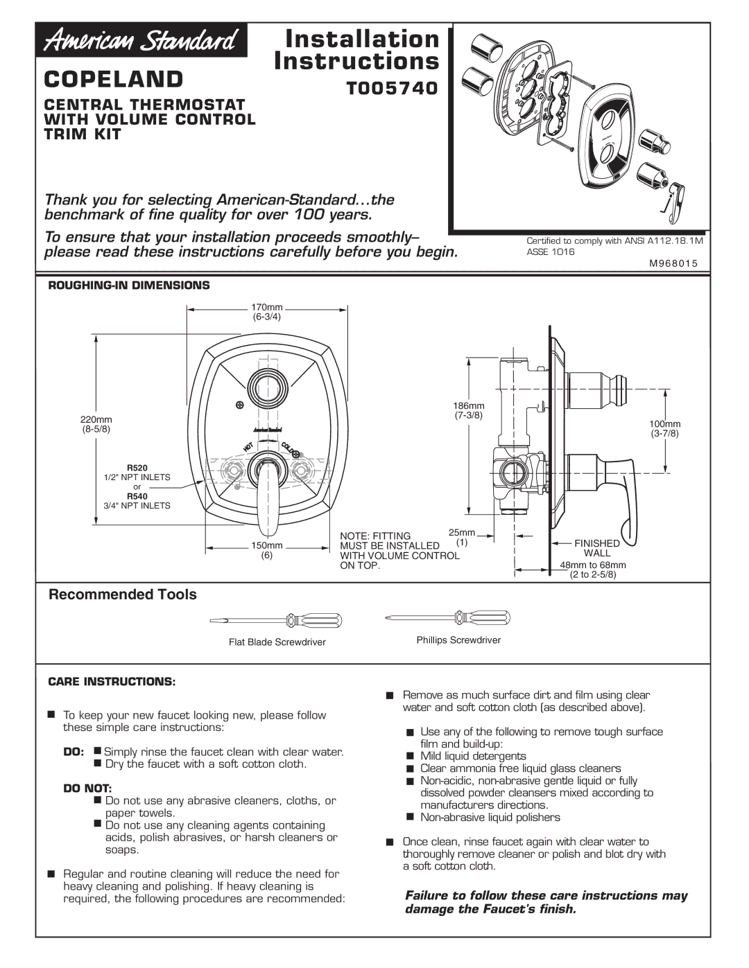 American Standard T005740 installation instructions Recommended Tools, ROUGHING-IN Dimensions, Care Instructions, Do not 