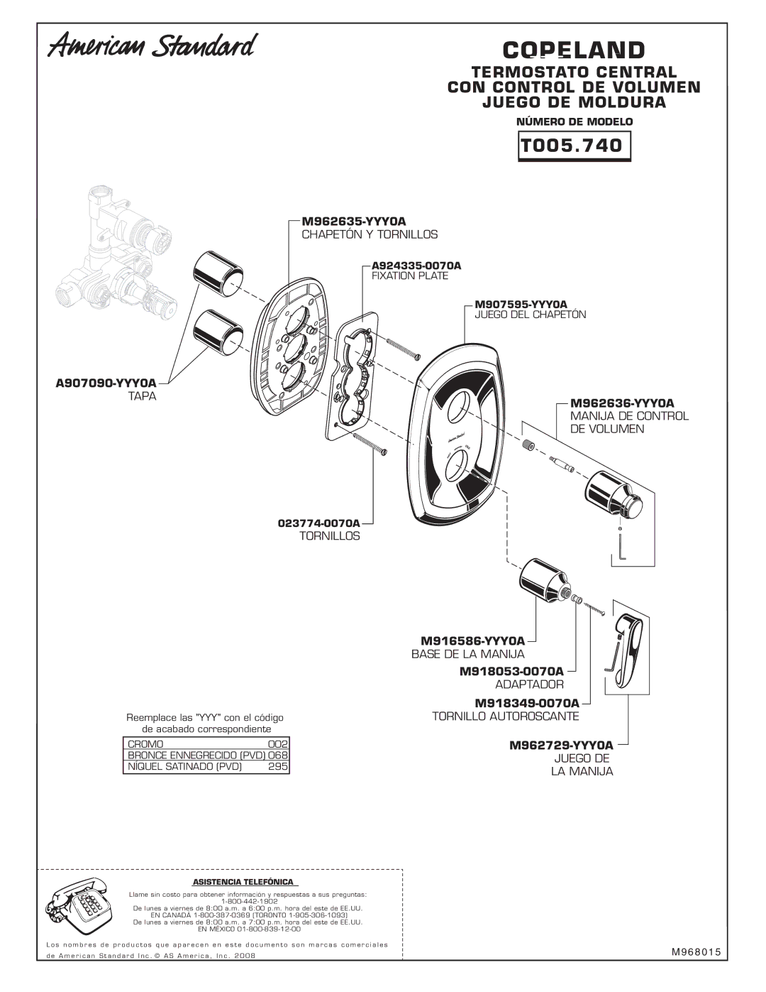 American Standard T005740 installation instructions Tornillos, Asistencia Telefónica 