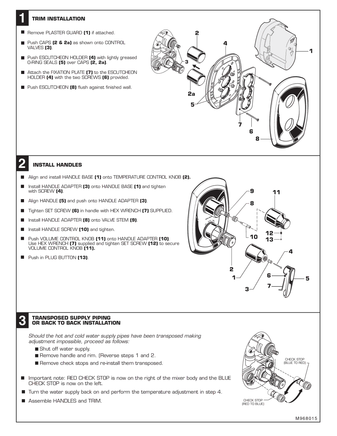 American Standard T005740 Trim Installation, Install Handles, Transposed Supply Piping or Back to Back Installation 