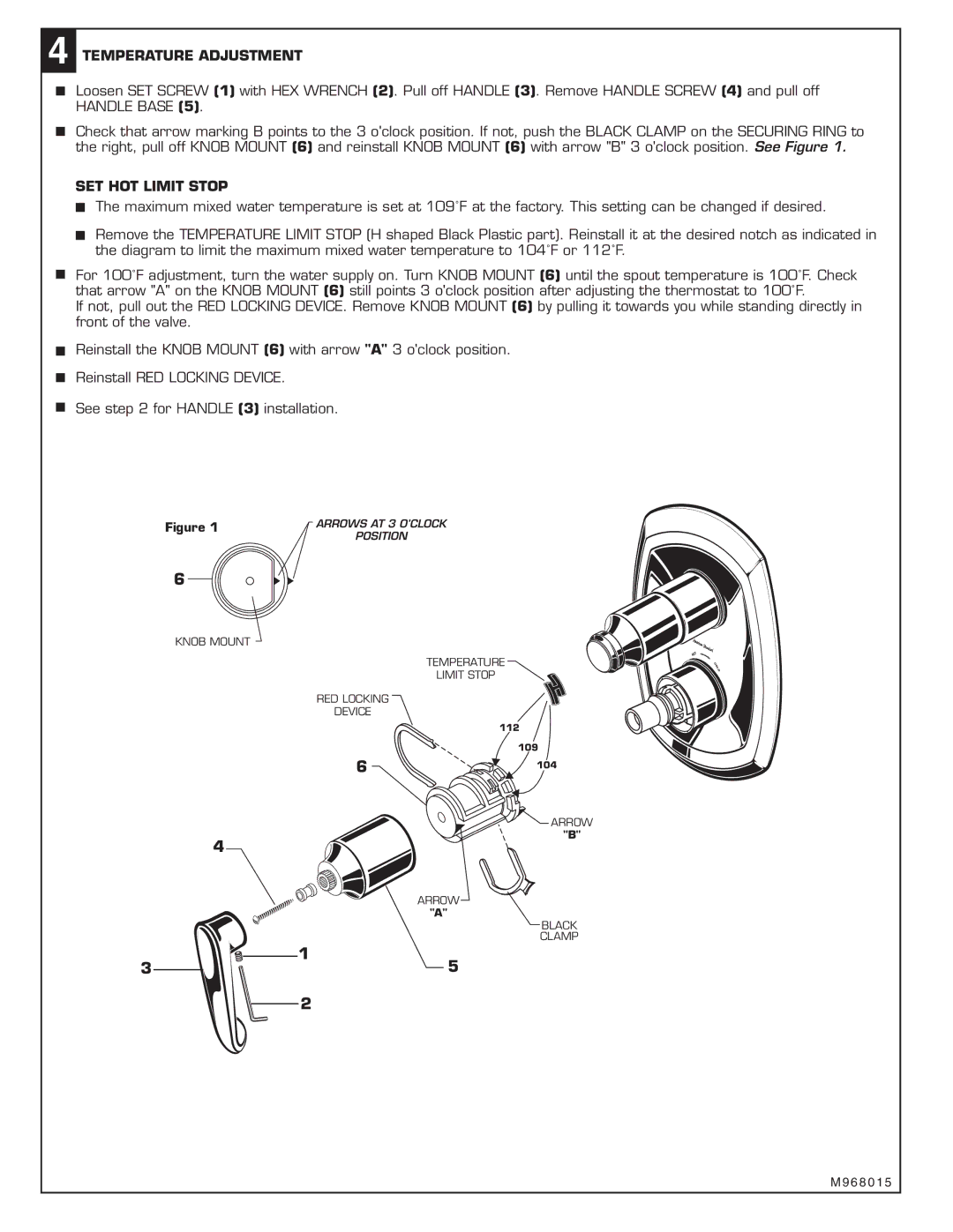 American Standard T005740 installation instructions Temperature Adjustment, SET HOT Limit Stop 