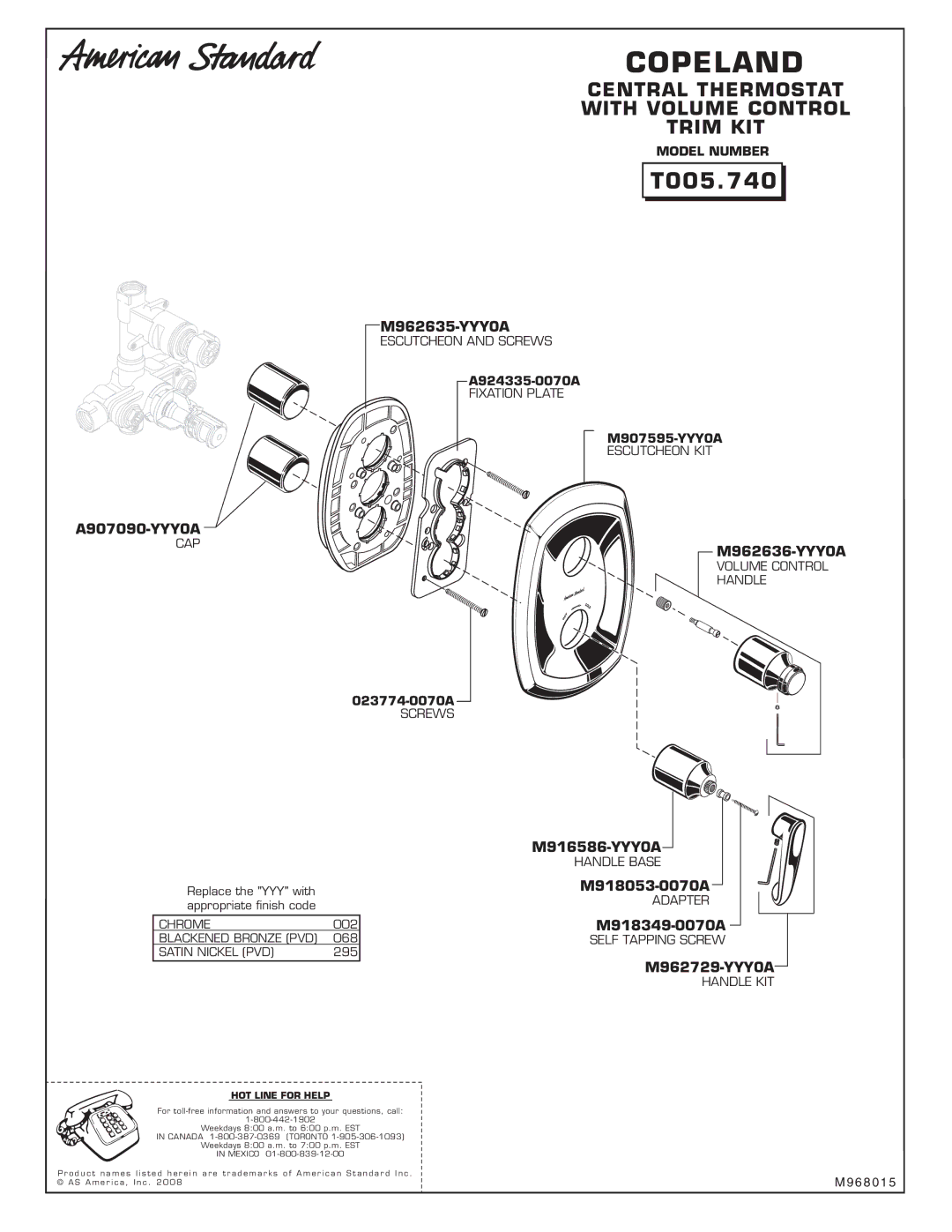 American Standard T005740 installation instructions Copeland, HOT Line for Help 