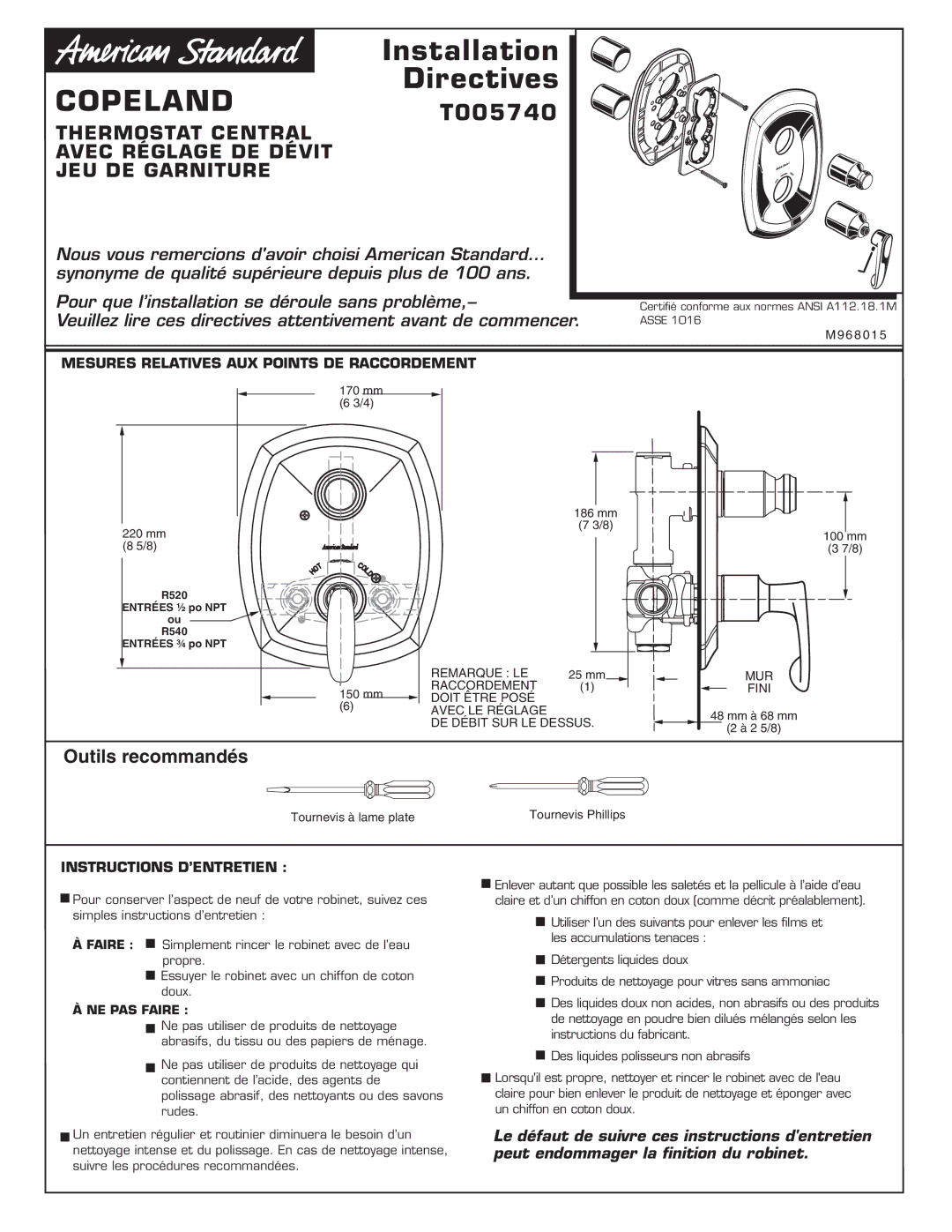 American Standard T005740 Outils recommandés, Mesures Relatives AUX Points DE Raccordement, Instructions D’ENTRETIEN 