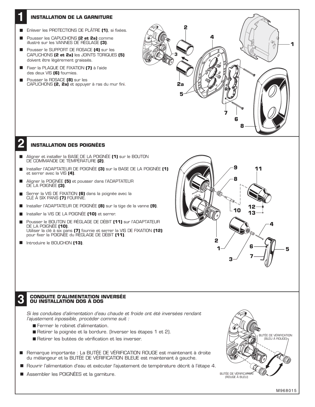 American Standard T005740 installation instructions Installation DE LA Garniture, Installation DES Poignées 