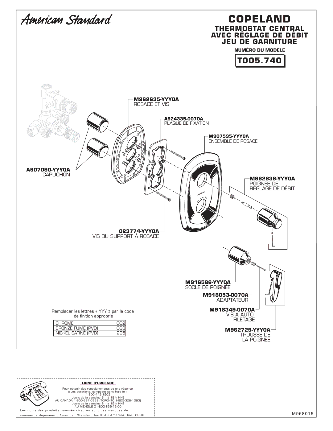 American Standard T005740 installation instructions 023774-YYY0A, Ligne D’URGENCE 