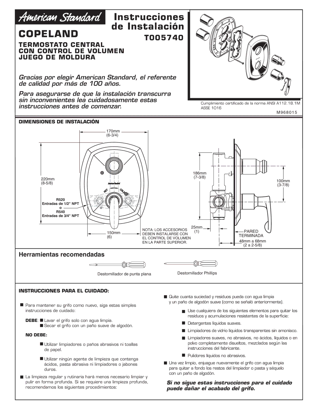 American Standard T005740 Herramientas recomendadas, Dimensiones DE Instalación, Instrucciones Para EL Cuidado 