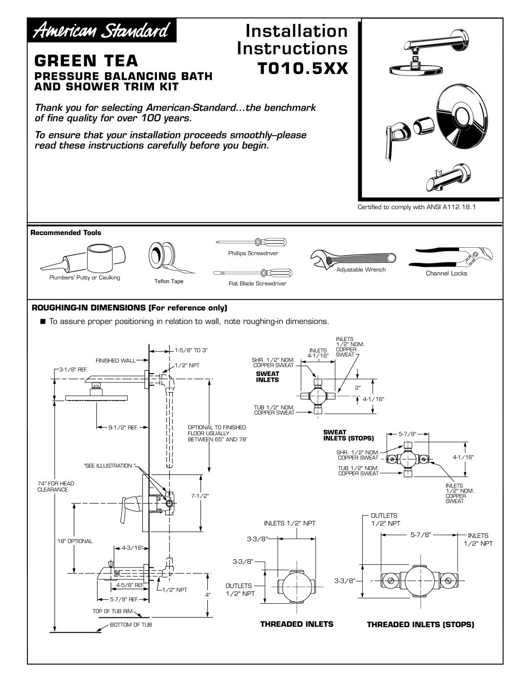 American Standard T010.5XX dimensions Instructions, Recommended Tools 