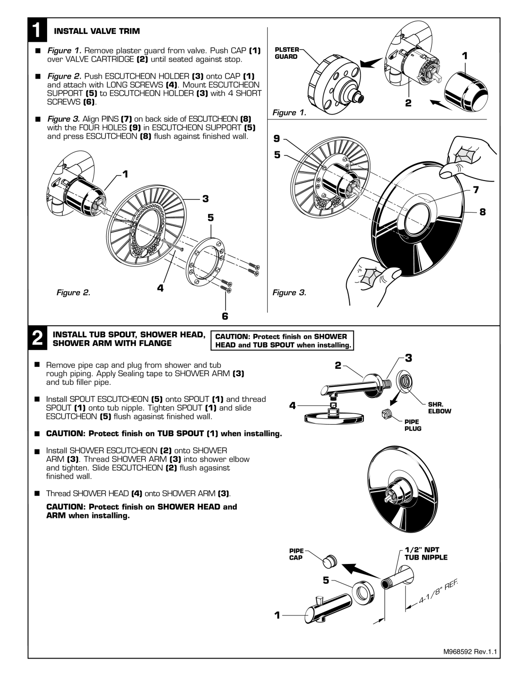 American Standard T010.5XX dimensions Install Valve Trim, Install TUB SPOUT, Shower Head Shower ARM with Flange 