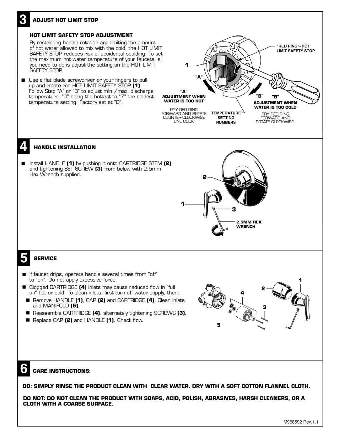 American Standard T010.5XX dimensions Adjust HOT Limit Stop HOT Limit Safety Stop Adjustment, Handle Installation, Service 