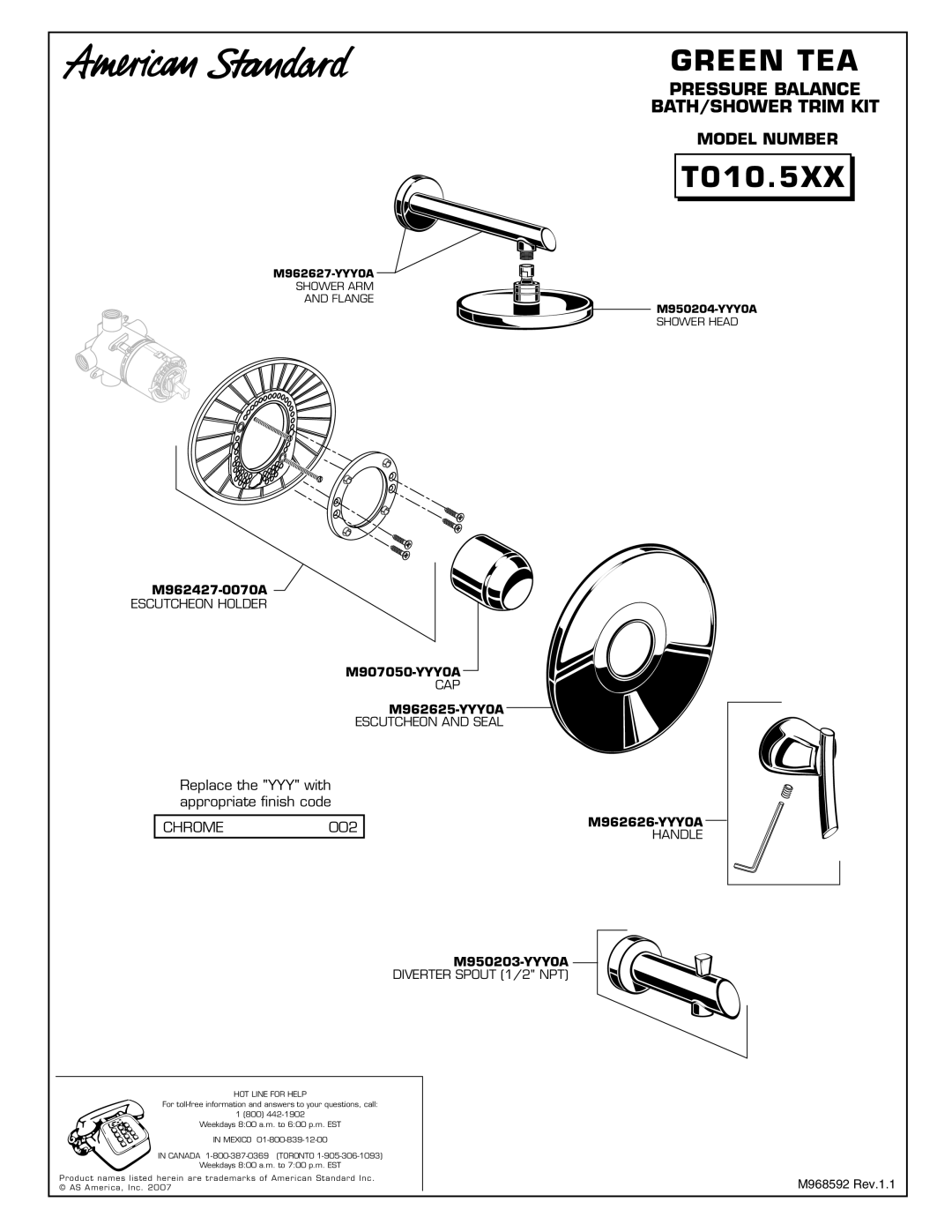 American Standard T010.5XX Pressure Balance Bath/Shower Trim Kit, Green Tea, Model Number, M962427-0070A, M907050-YYY0A 