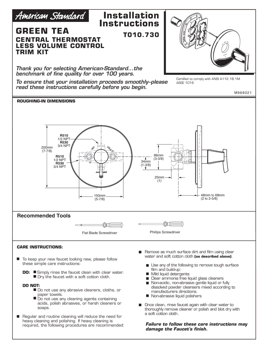 American Standard T010.730 installation instructions Recommended Tools, ROUGHING-IN Dimensions, Care Instructions, Do not 