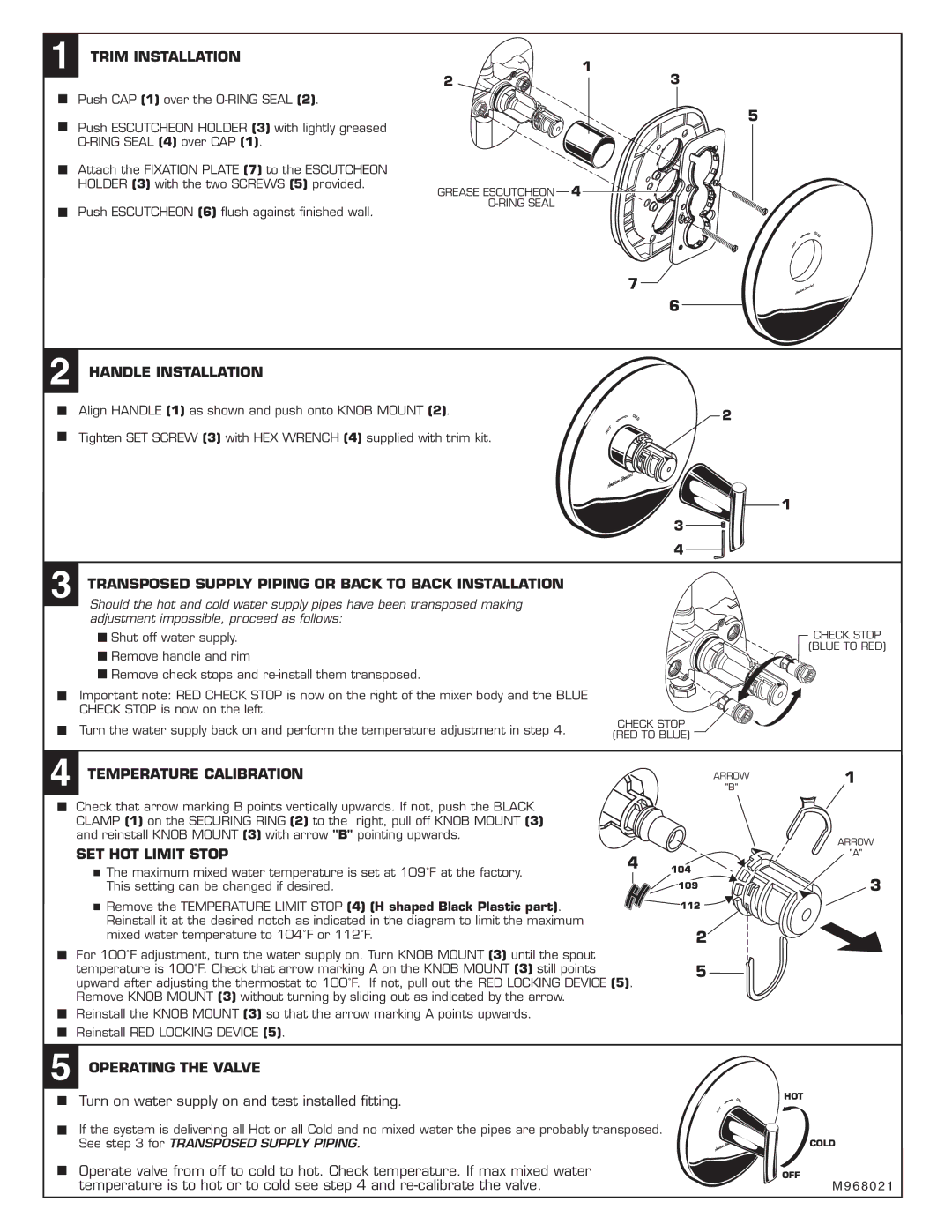 American Standard T010.730 Trim Installation, Handle Installation, Transposed Supply Piping or Back to Back Installation 