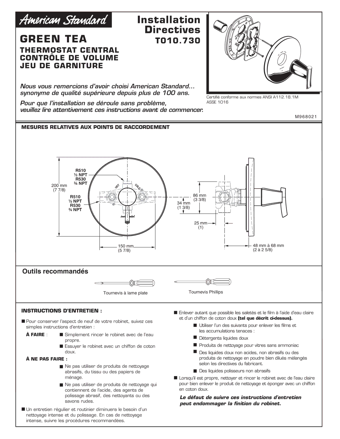 American Standard T010.730 Outils recommandés, Mesures Relatives AUX Points DE Raccordement, Instructions D’ENTRETIEN 