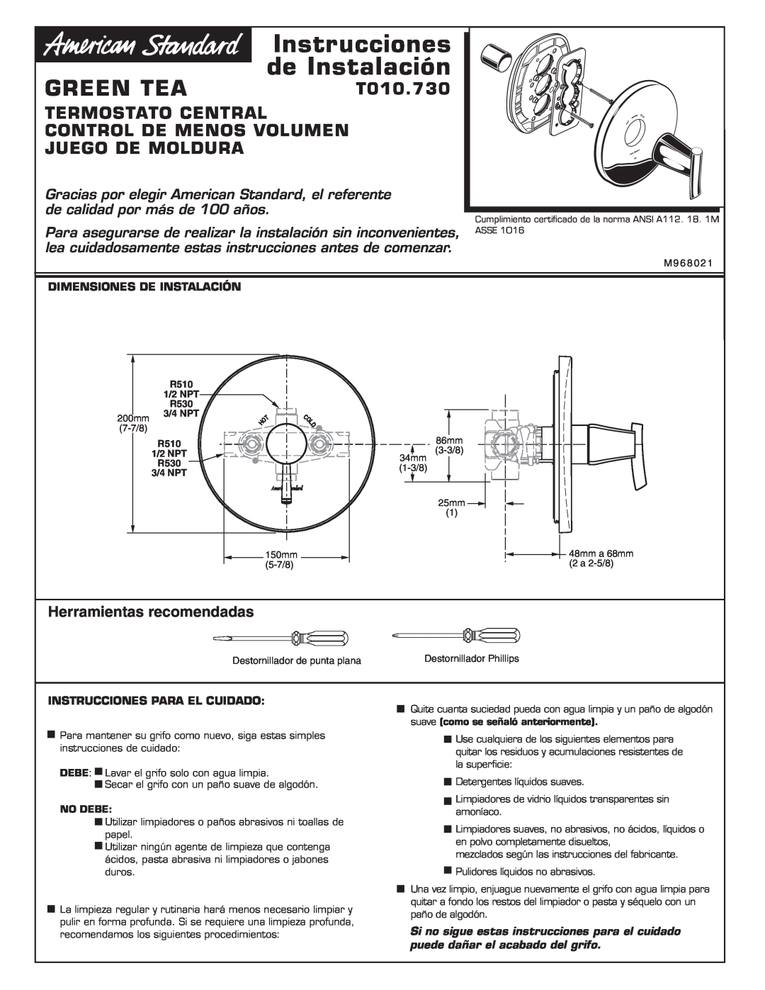 American Standard T010.730 Termostato Central Control De Menos Volumen Juego De Moldura, Herramientas recomendadas 
