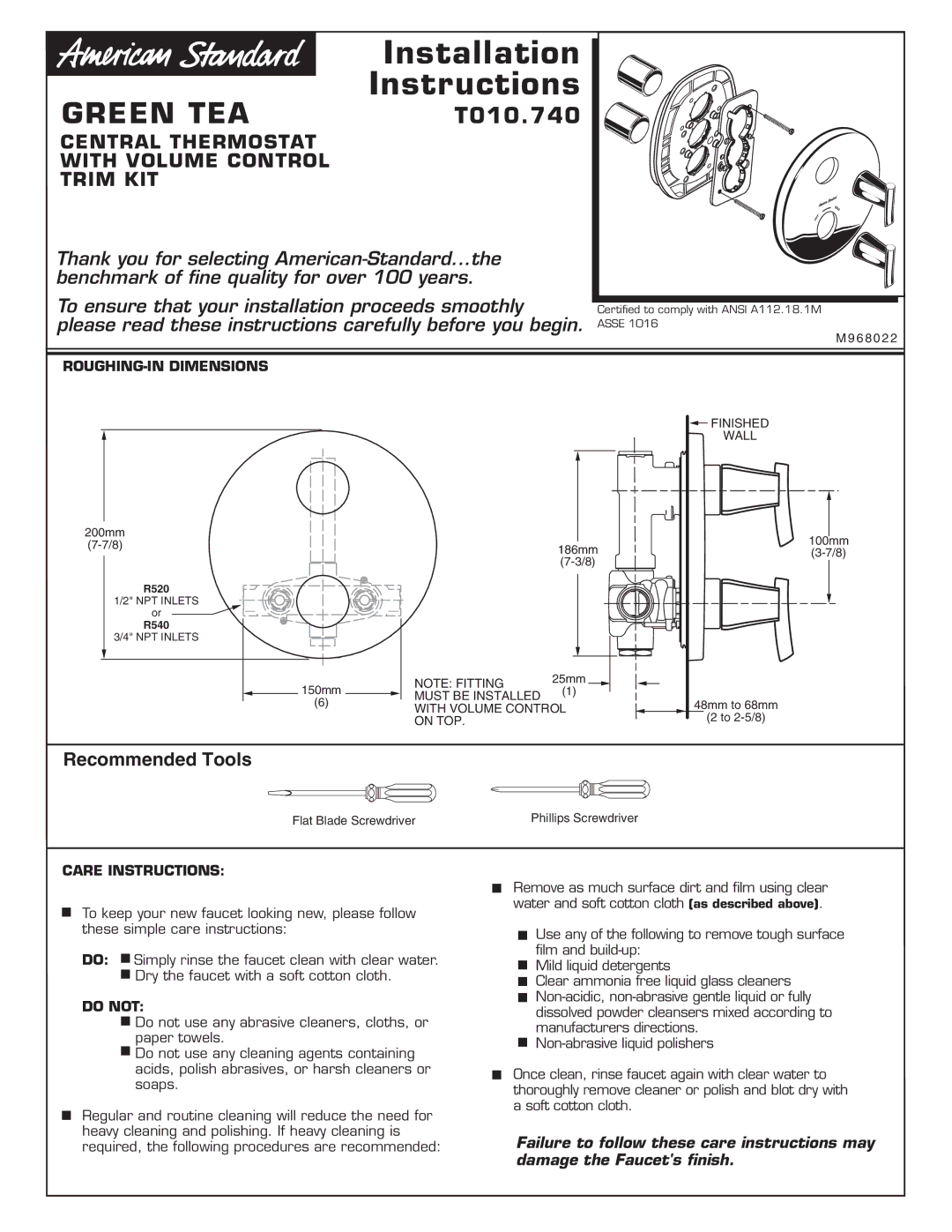 American Standard T010.740 installation instructions Central Thermostat With Volume Control Trim KIT, Recommended Tools 