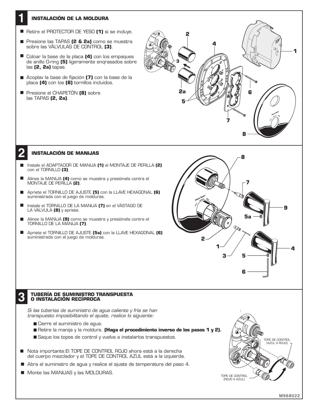 American Standard T010.740 Instalación DE LA Moldura, Instalación DE Manijas, Tubería DE Suministro Transpuesta 