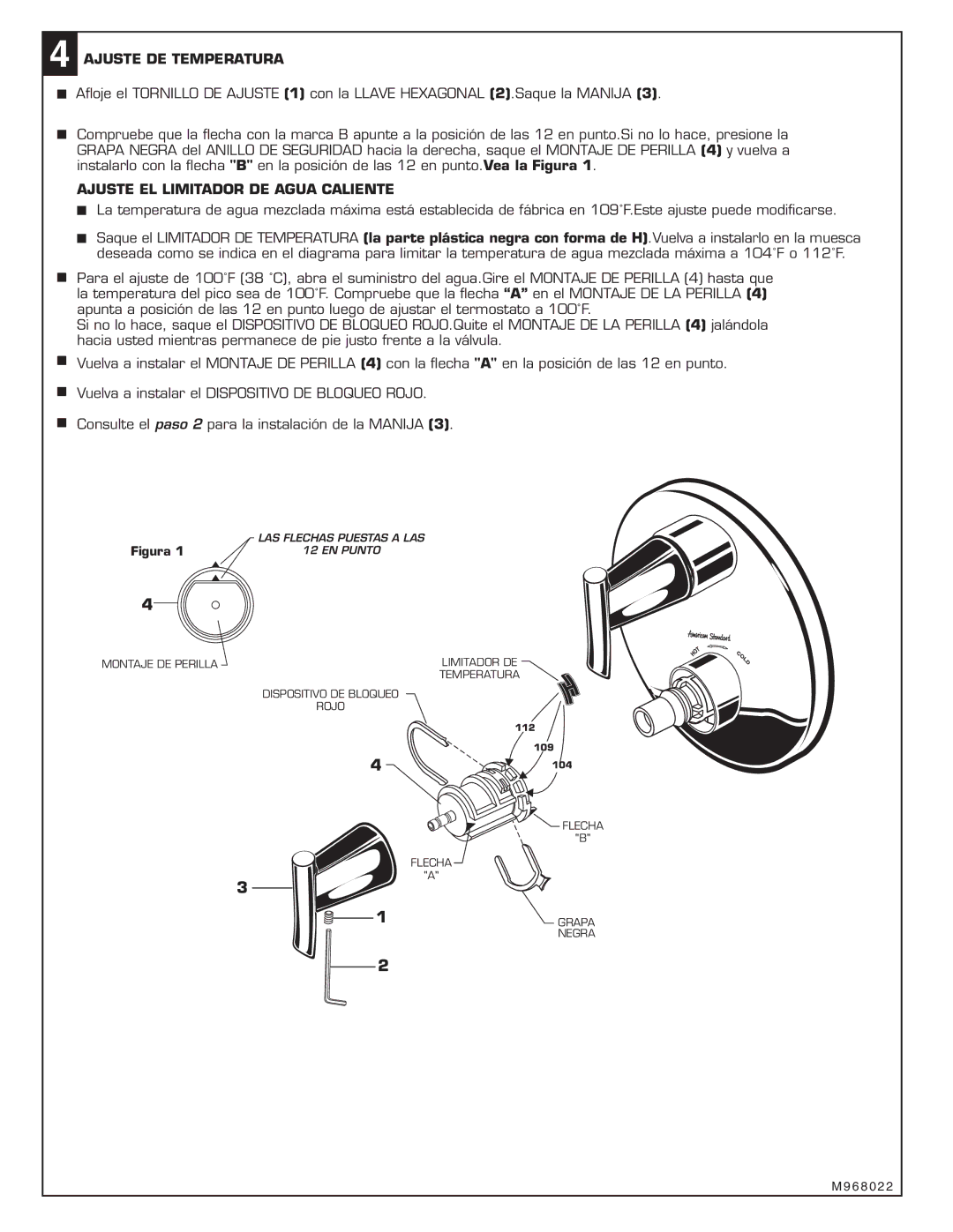 American Standard T010.740 installation instructions Ajuste DE Temperatura, Ajuste EL Limitador DE Agua Caliente 