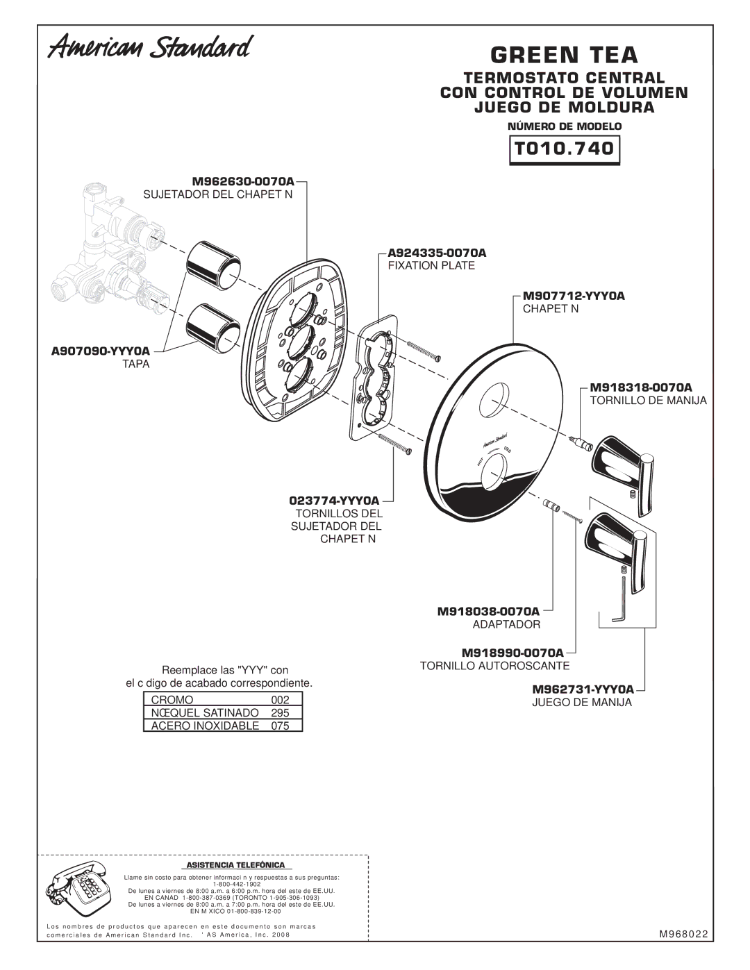 American Standard T010.740 installation instructions Juego DE Manija, Asistencia Telefónica 