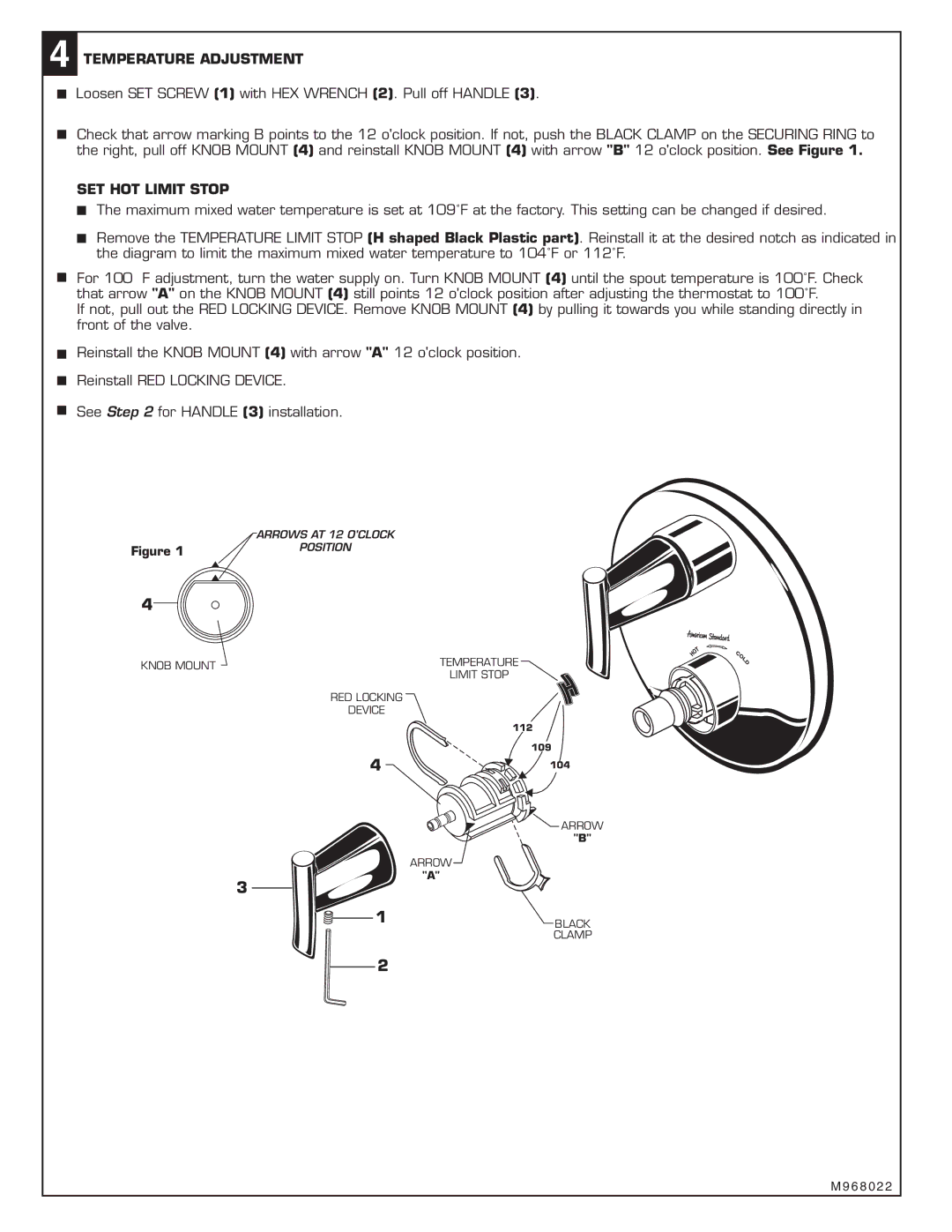 American Standard T010.740 installation instructions Temperature Adjustment, SET HOT Limit Stop 