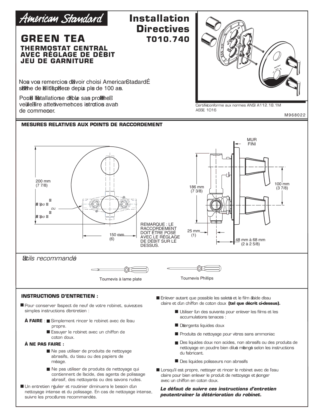 American Standard T010.740 Thermostat Central Avec Réglage DE Débit JEU DE Garniture, Outils recommandés 