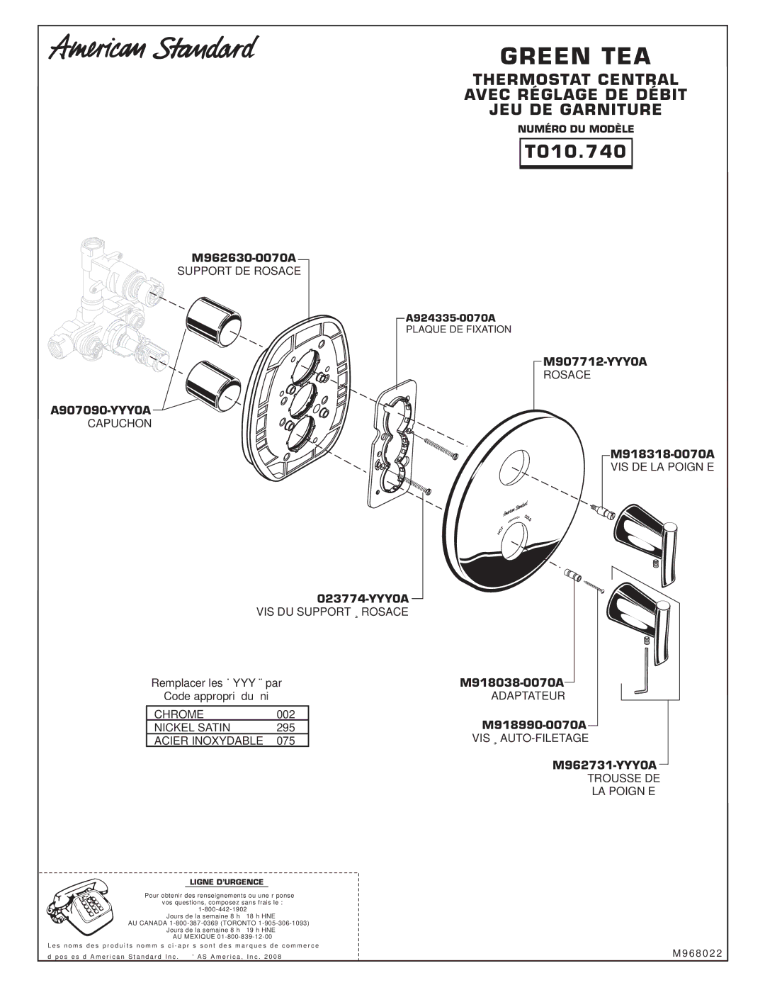 American Standard T010.740 installation instructions Plaque DE Fixation, Vis À Auto-Filetage, Ligne D’URGENCE 