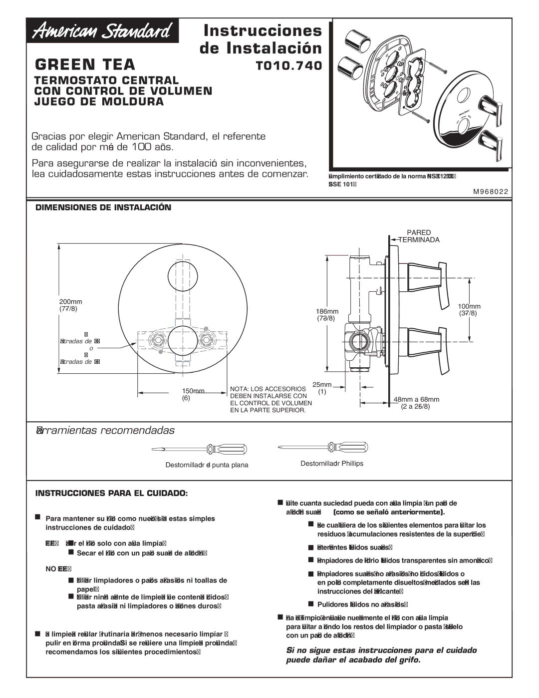 American Standard T010.740 Termostato Central CON Control DE Volumen Juego DE Moldura, Herramientas recomendadas 