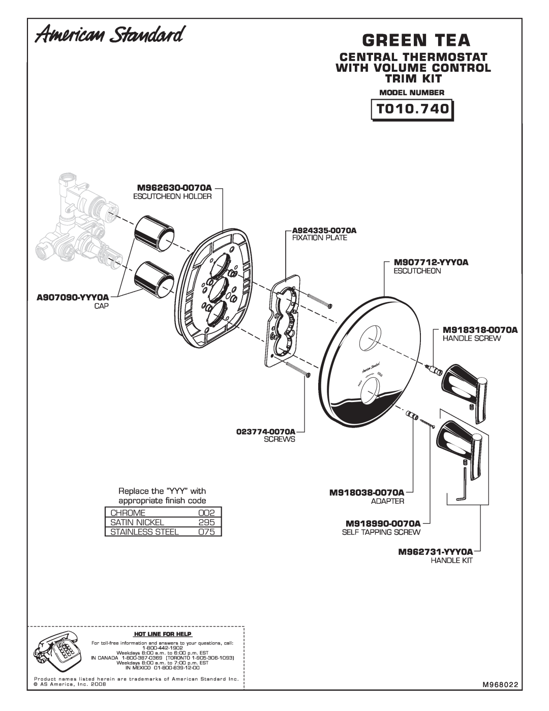 American Standard T010.740 Green Tea, Central Thermostat With Volume Control Trim Kit, M962630-0070A, A907090-YYY0A 