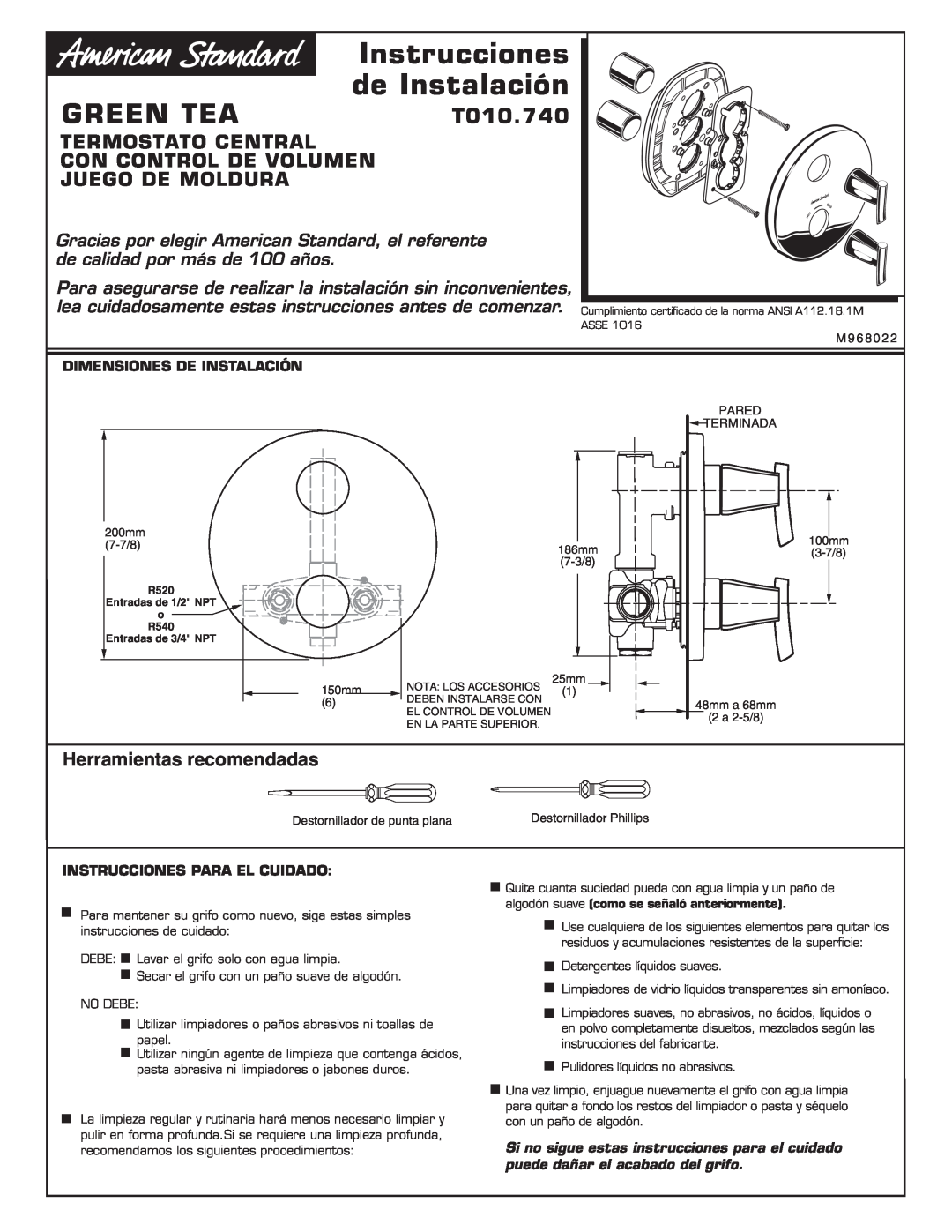 American Standard T010.740 Instrucciones, de Instalación, Termostato Central Con Control De Volumen Juego De Moldura 