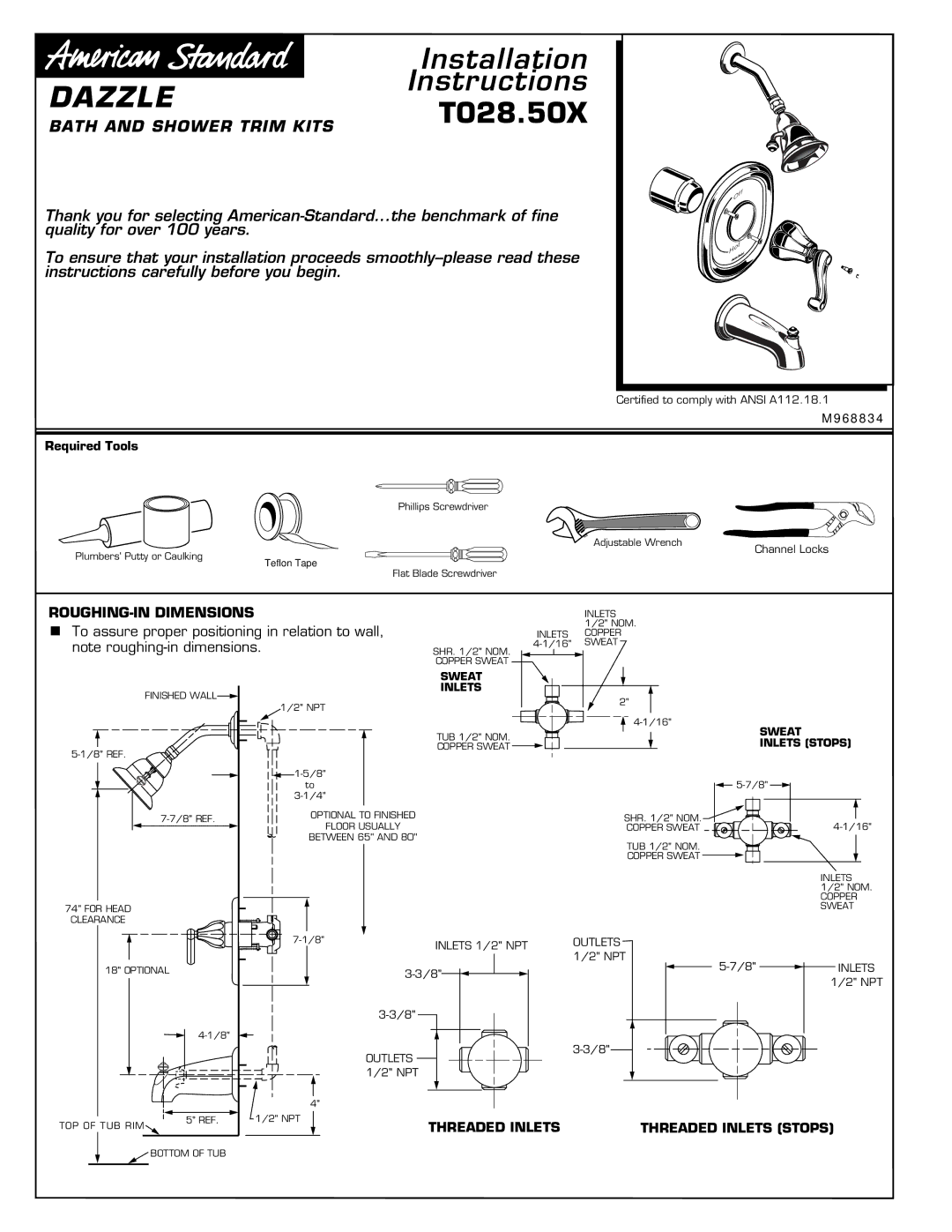 American Standard T028.50X installation instructions Bath and Shower Trim Kits, ROUGHING-IN Dimensions, Required Tools 