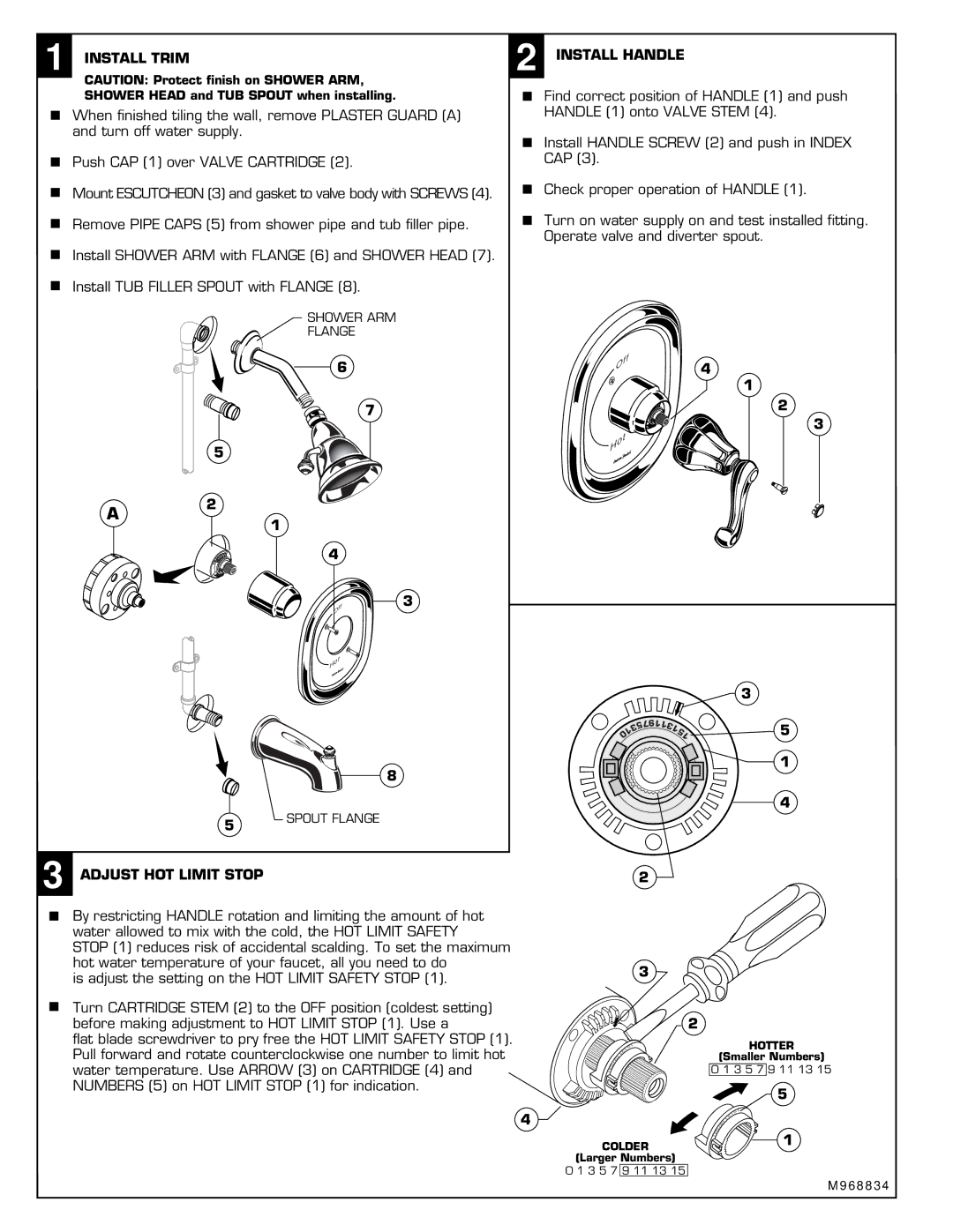 American Standard T028.50X Install Trim Install Handle, Find correct position of Handle 1 and push, Adjust HOT Limit Stop 