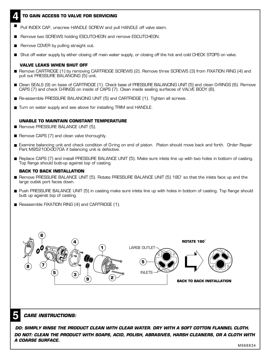 American Standard T028.50X Care Instructions, To Gain Access to Valve for Servicing, Valve Leaks When Shut OFF 