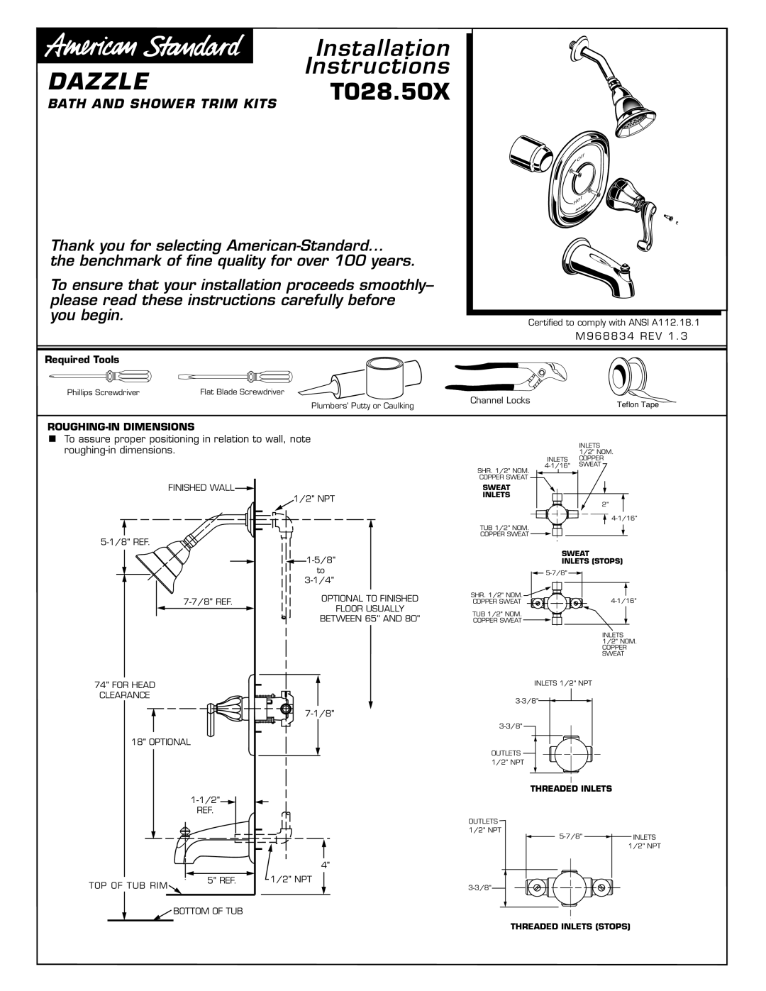 American Standard T028.50X installation instructions Dazzle, Required Tools 