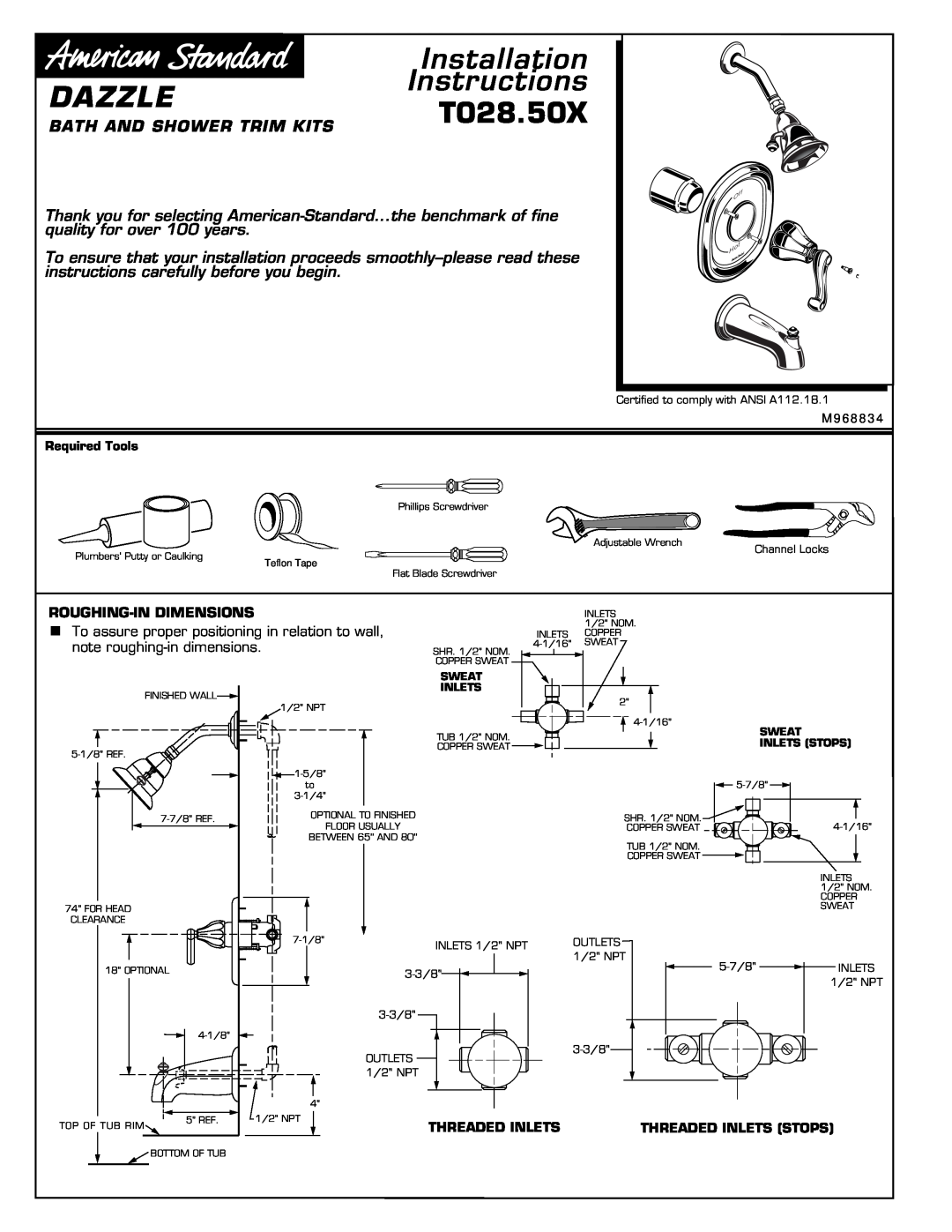 American Standard T028.50X installation instructions Dazzle, Bath And Shower Trim Kits, Installation Instructions 