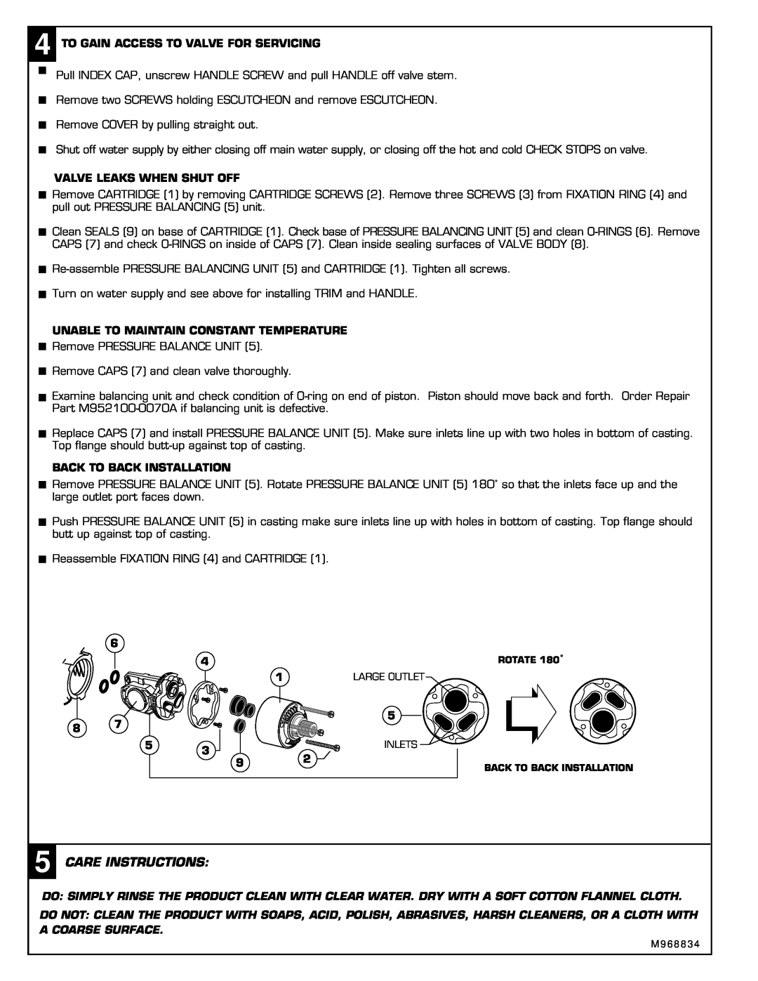 American Standard T028.50X Care Instructions, To Gain Access To Valve For Servicing, Valve Leaks When Shut Off, 6 4 8 