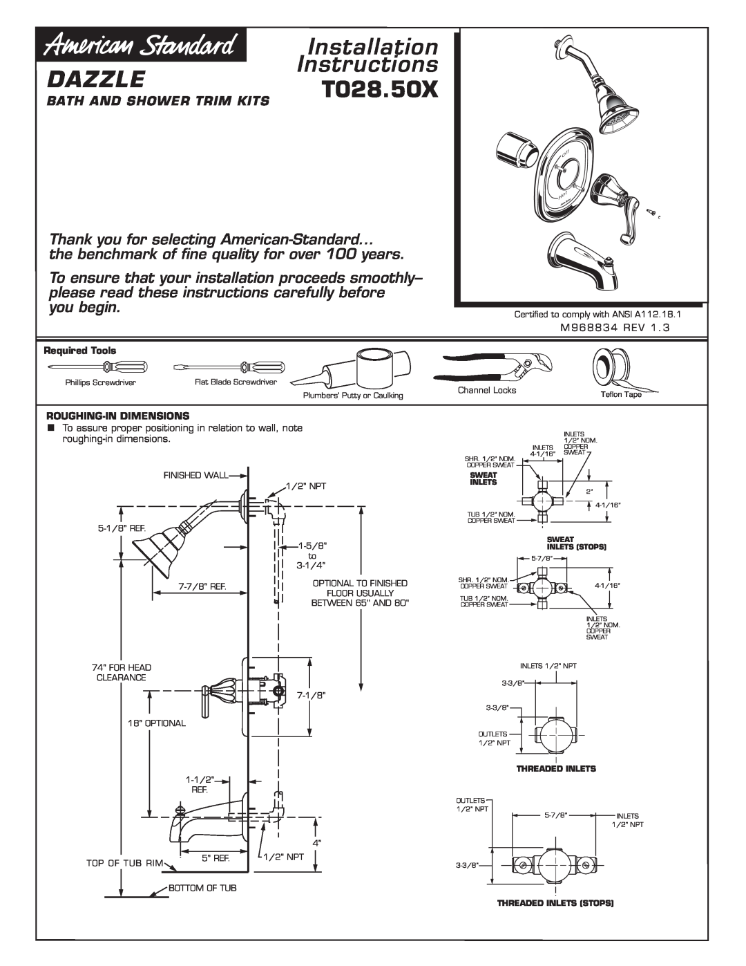 American Standard T028.50X installation instructions Dazzle, Bath And Shower Trim Kits, Installation, Instructions 