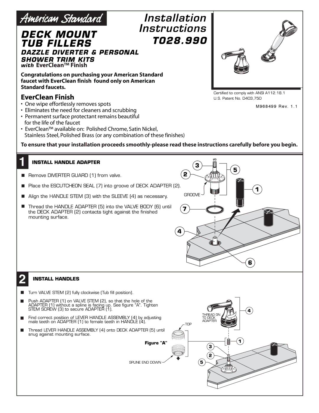 American Standard T028.990 installation instructions Install Handle Adapter, Install Handles 