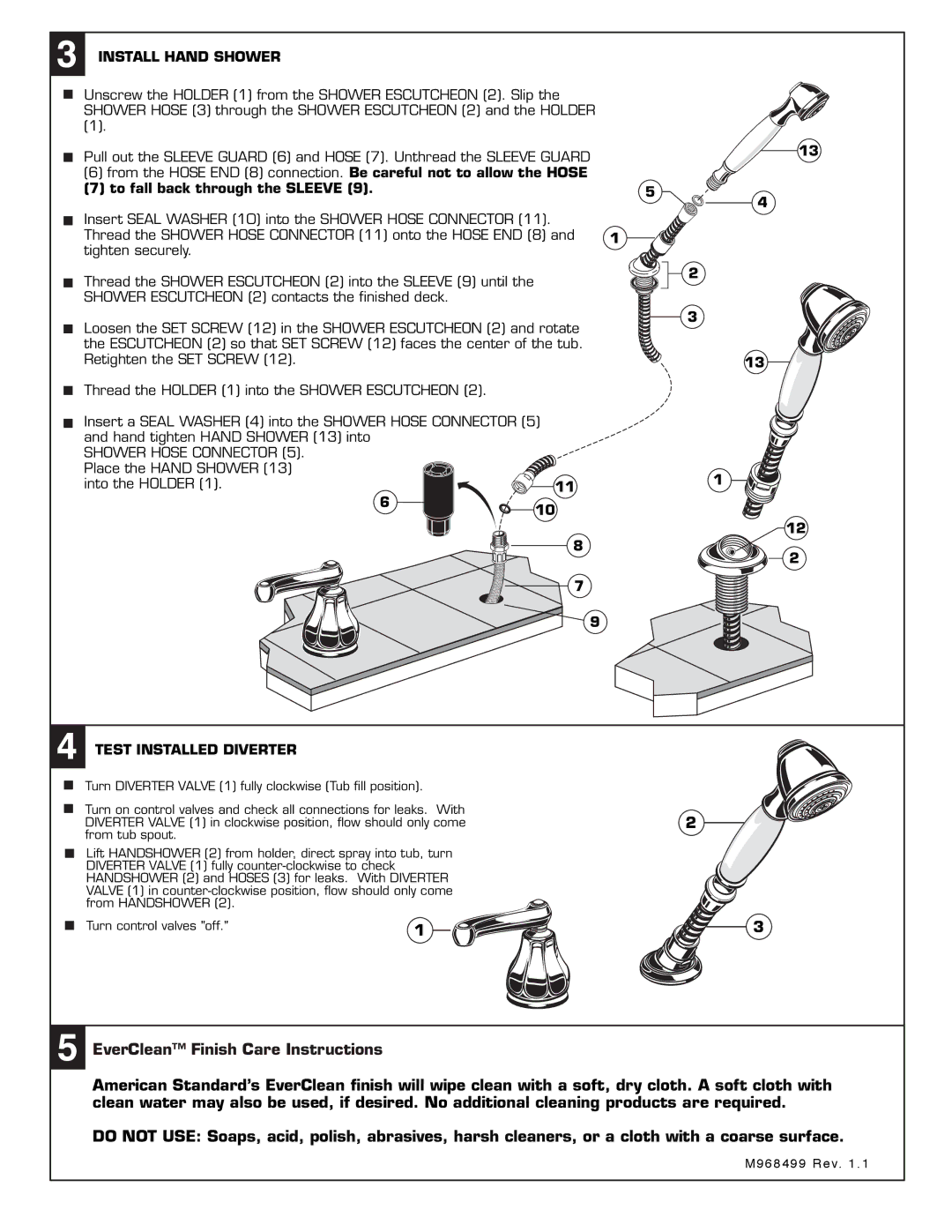 American Standard T028.990 installation instructions Install Hand Shower, Test Installed Diverter 