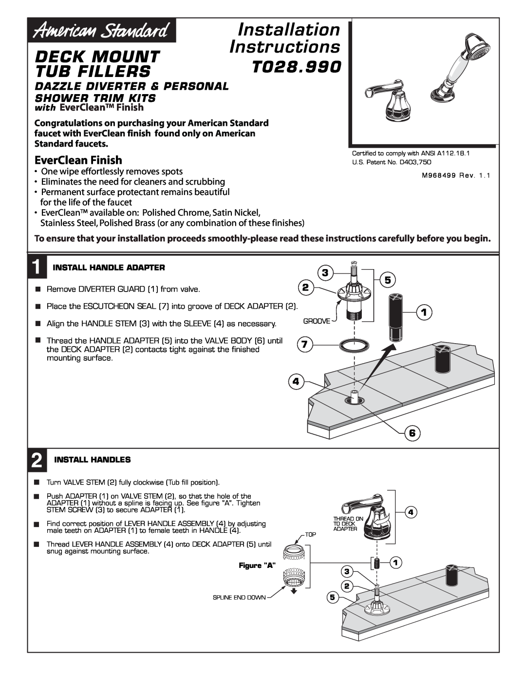 American Standard T028.990 installation instructions Installation, Instructions, Deck Mount, Tub Fillers, EverClean Finish 