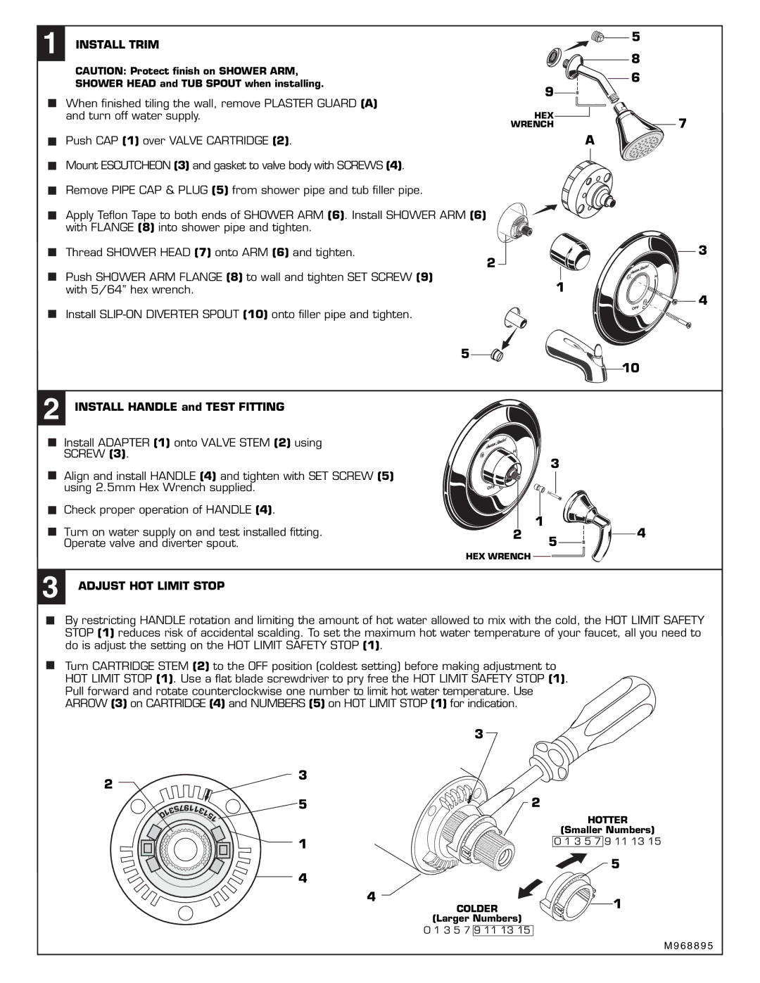 American Standard T038.50X  Install Trim,  Install Handle and Test Fitting,  Adjust HOT Limit Stop 