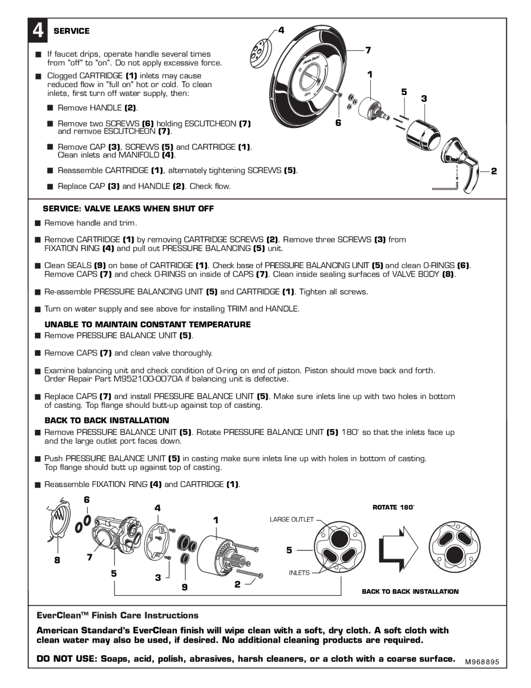 American Standard T038.50X Service Valve Leaks When Shut OFF, Unable to Maintain Constant Temperature 