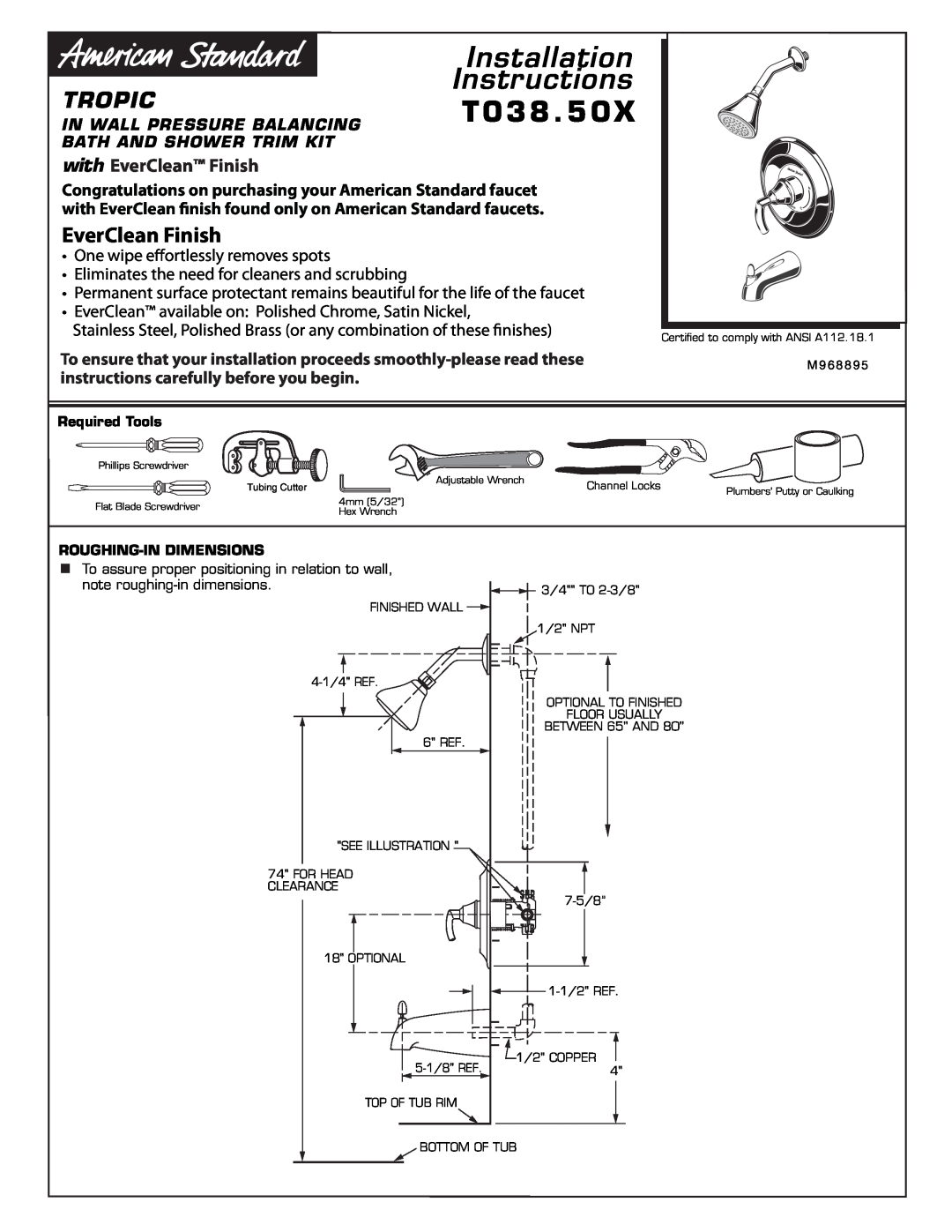 American Standard T038.50X installation instructions Installation Instructions, T 0 3 8 . 5, Tropic, EverClean Finish 