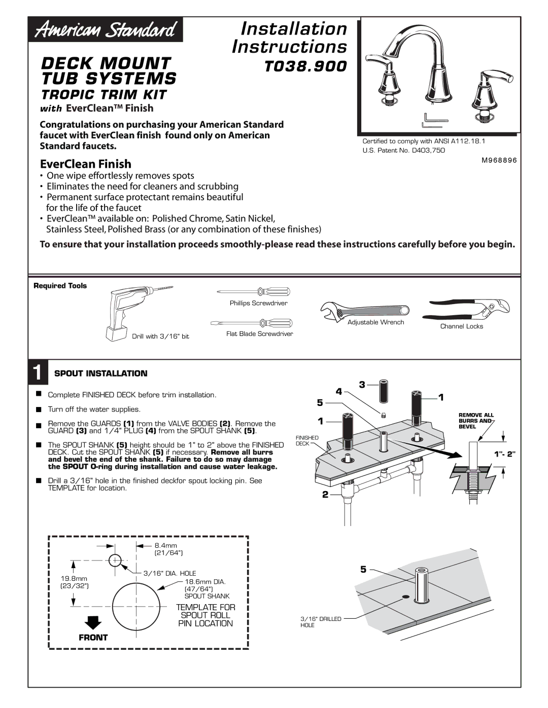 American Standard T038.900 installation instructions Deck Mount, TUB Systems, Spout Installation, Front 