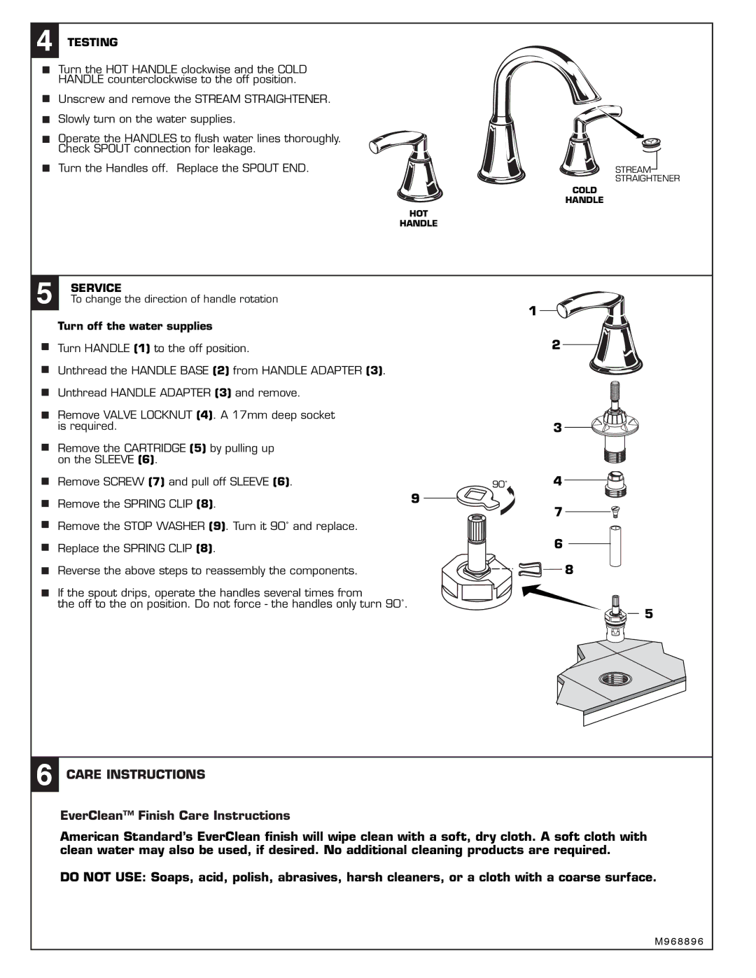 American Standard T038.900 installation instructions Testing, Service 