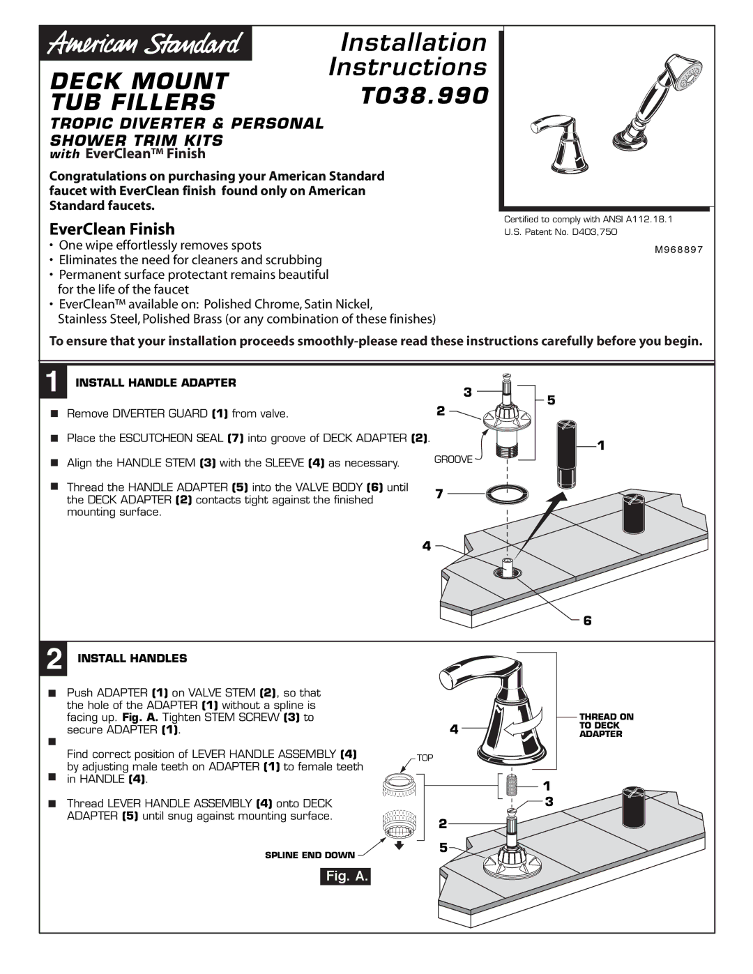 American Standard T038.900 installation instructions TUB Fillers, Install Handle Adapter 