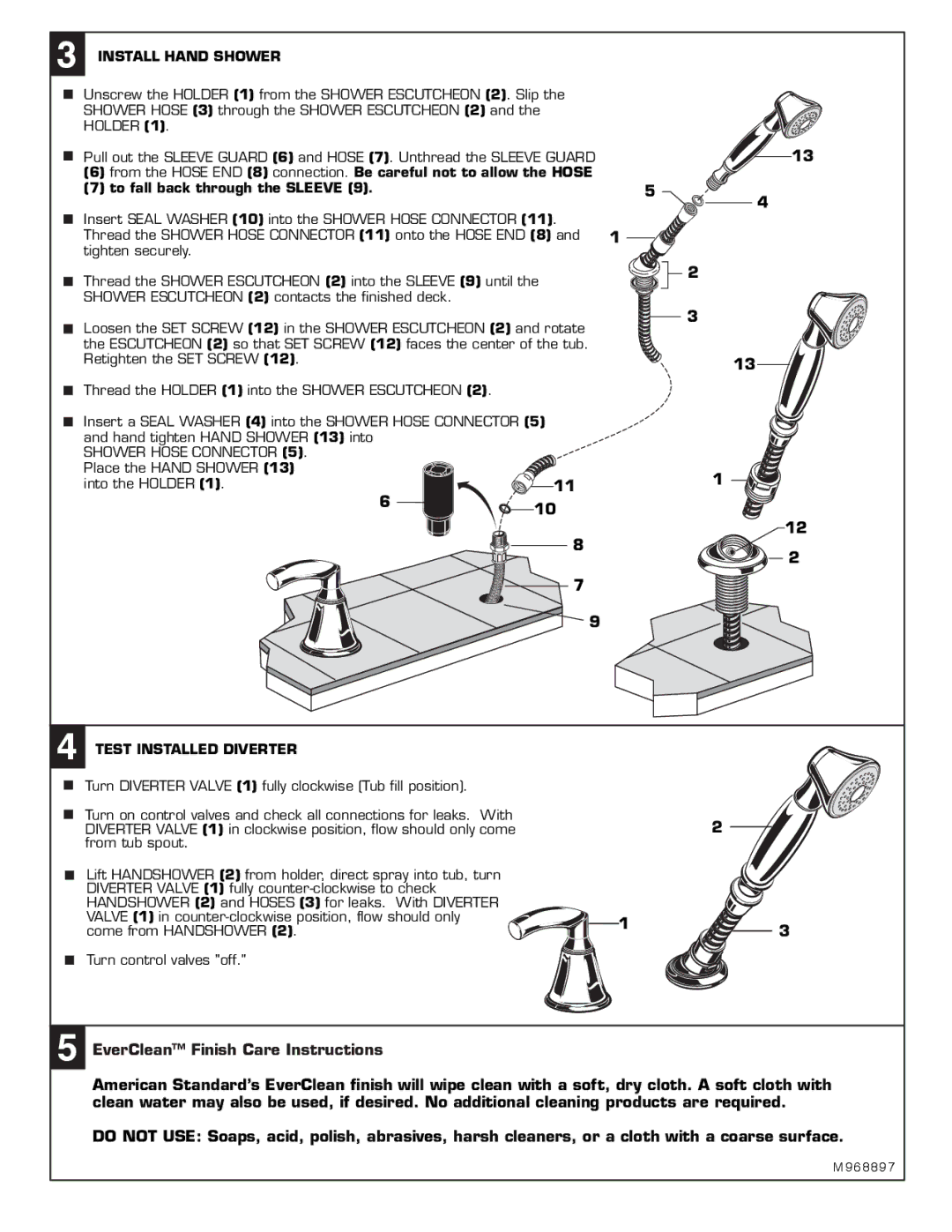 American Standard T038.900 installation instructions Install Hand Shower, Test Installed Diverter 