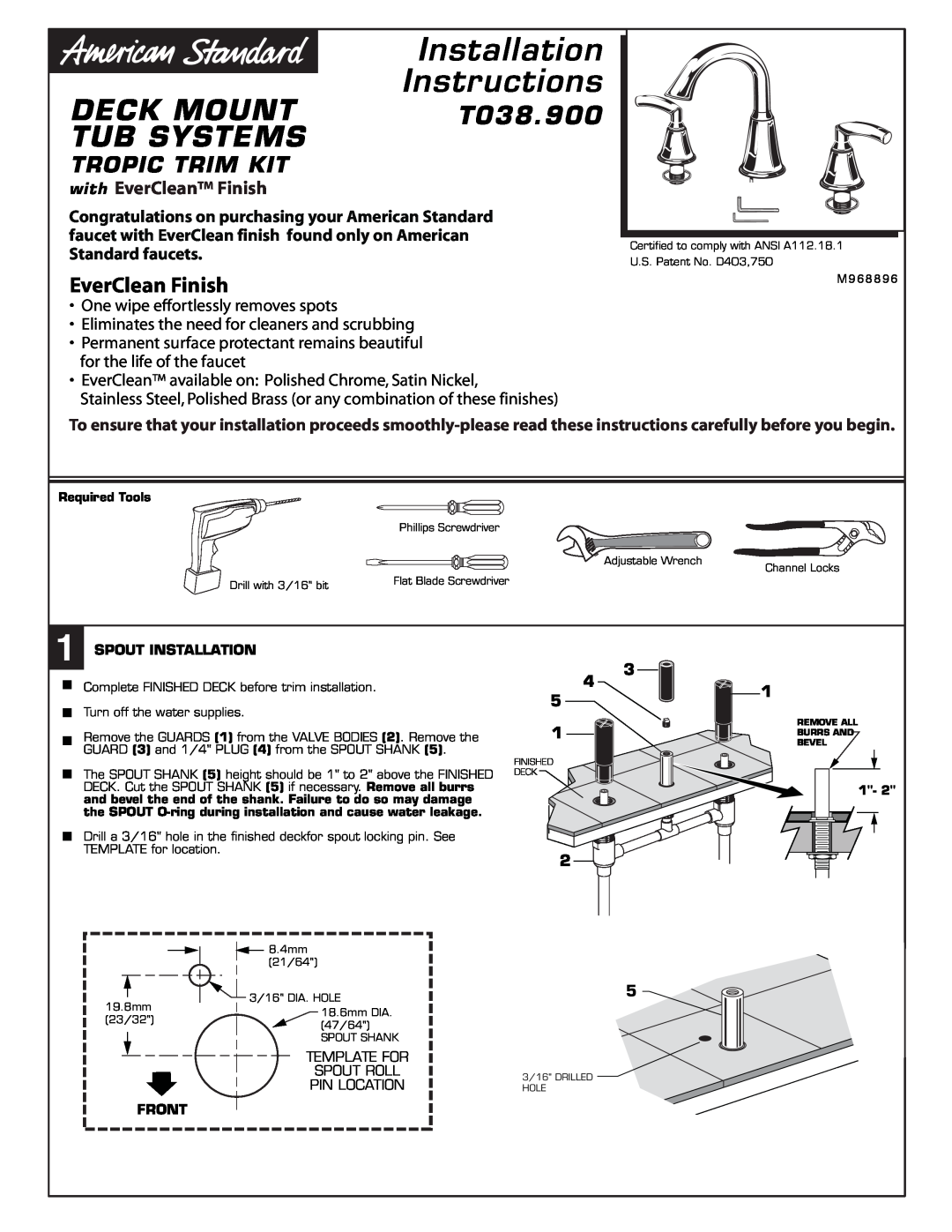 American Standard T038.900 installation instructions Deck Mount, Tub Systems, EverClean Finish, Installation Instructions 