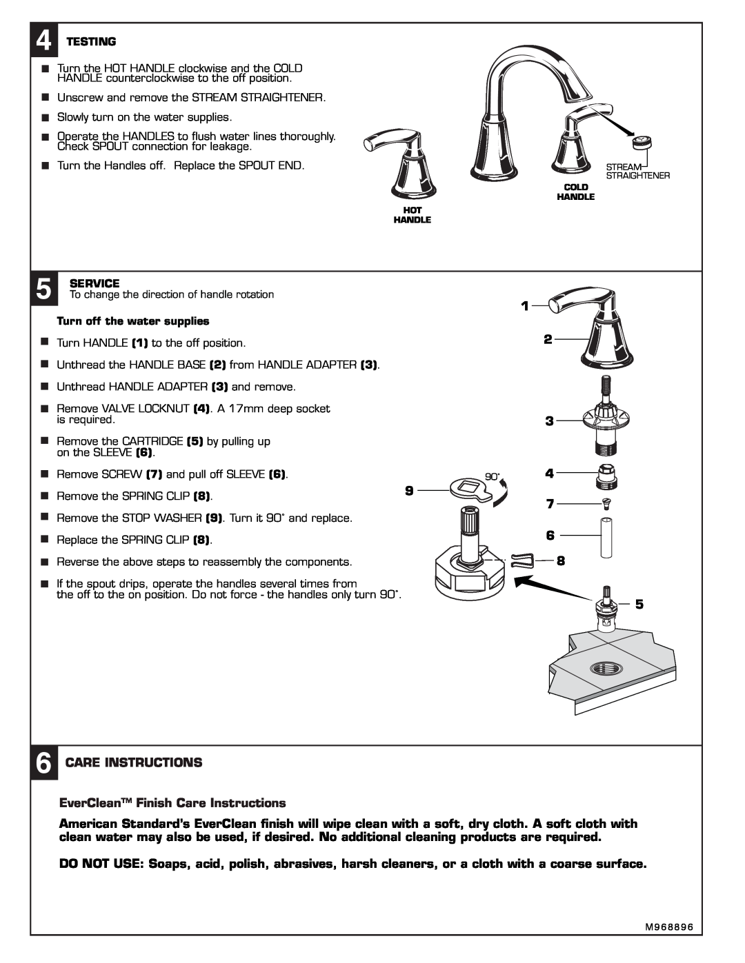 American Standard T038.900 installation instructions EverClean Finish Care Instructions, Turn off the water supplies 