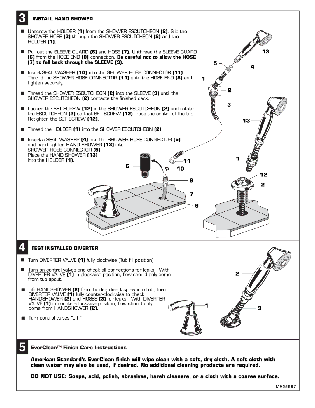 American Standard T038.990 installation instructions Install Hand Shower, Test Installed Diverter 