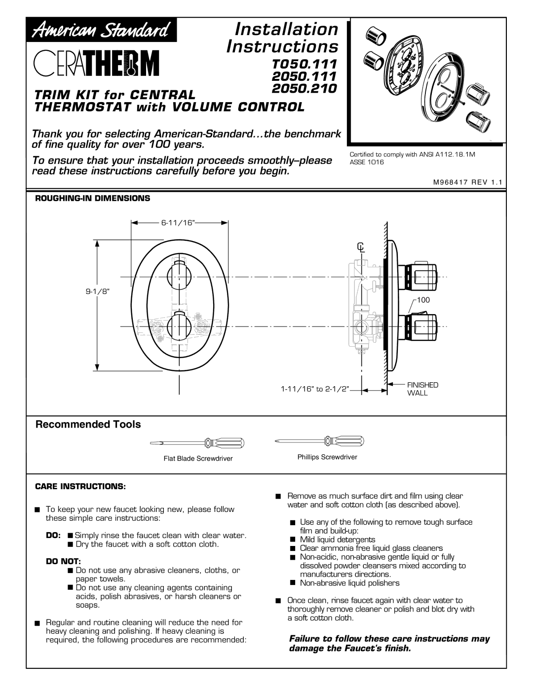 American Standard 2050.111 installation instructions ROUGHING-IN Dimensions, Care Instructions, Do not, Finished, Wall 